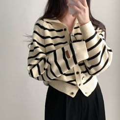 밑단 똑 잡아주는 잘록핏배색 단가라 크롭 니트 가디건 아이보리