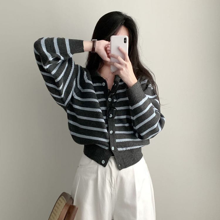 밑단 똑 잡아주는 잘록핏배색 단가라 크롭 니트 가디건 차콜