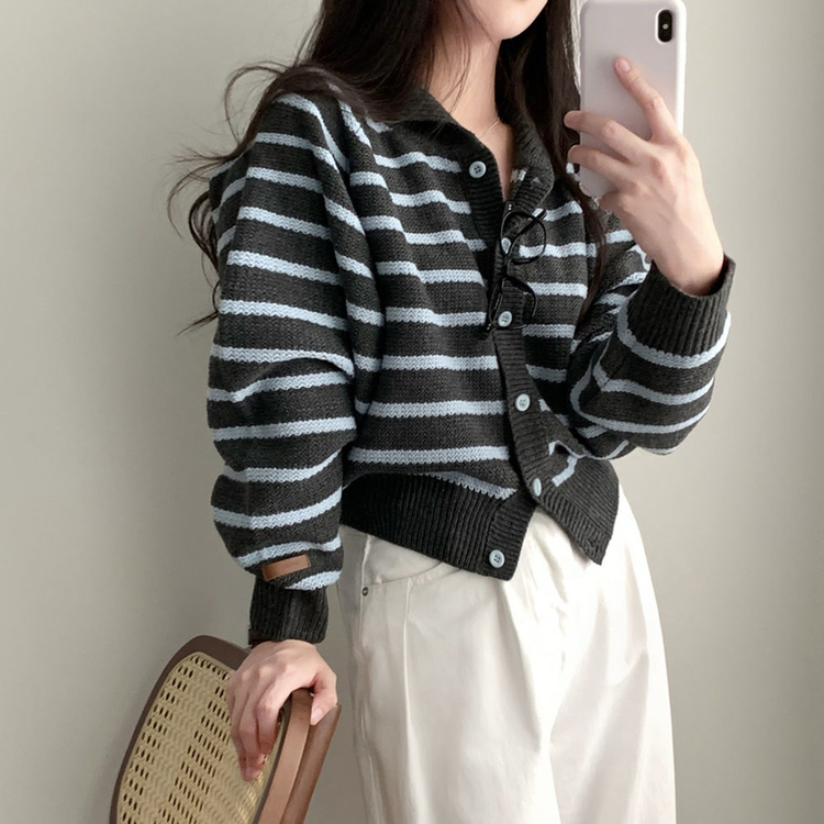 밑단 똑 잡아주는 잘록핏배색 단가라 크롭 니트 가디건 차콜