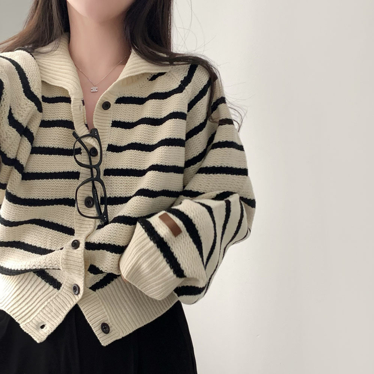 밑단 똑 잡아주는 잘록핏배색 단가라 크롭 니트 가디건 아이보리