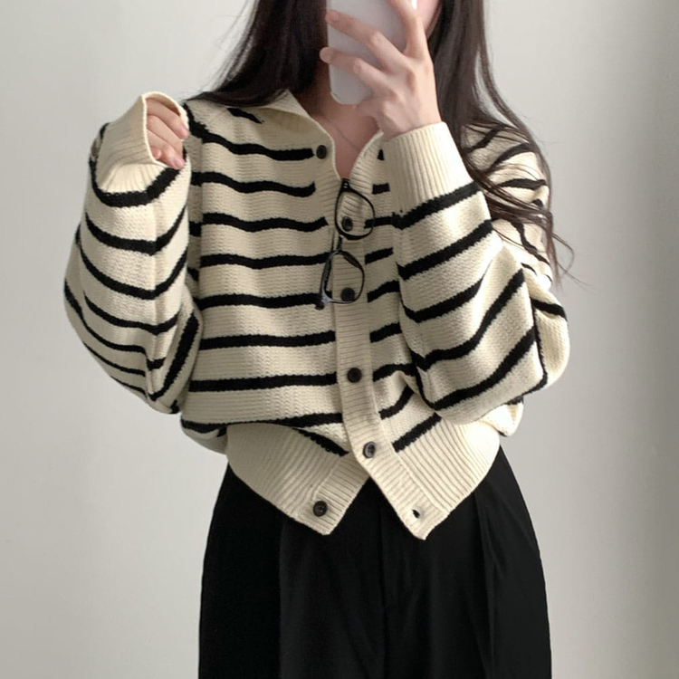 밑단 똑 잡아주는 잘록핏배색 단가라 크롭 니트 가디건 아이보리