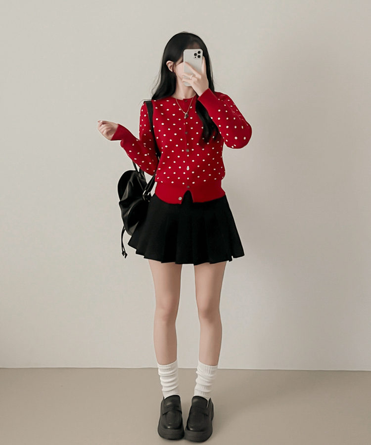 솝라운드 도트 니트 가디건 빨강