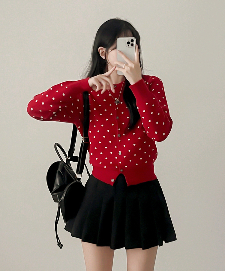 솝라운드 도트 니트 가디건 빨강