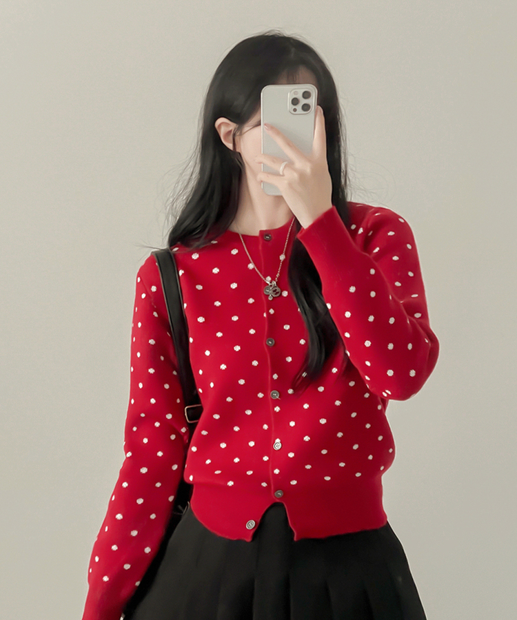솝라운드 도트 니트 가디건 빨강