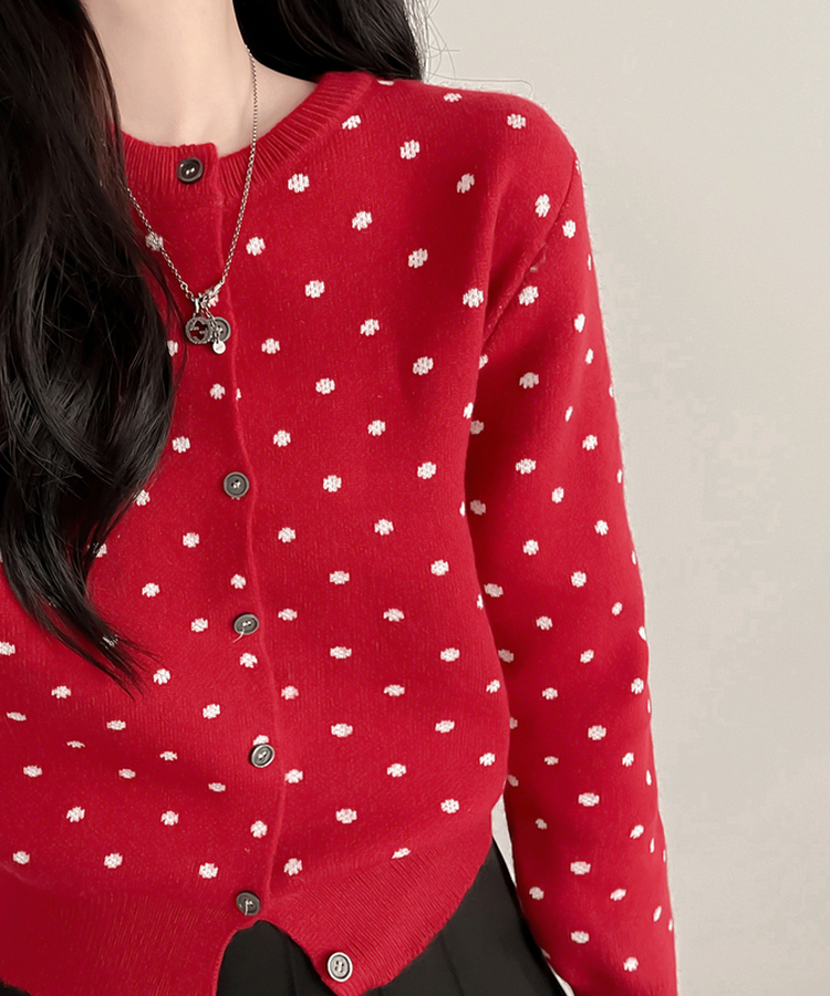 솝라운드 도트 니트 가디건 빨강
