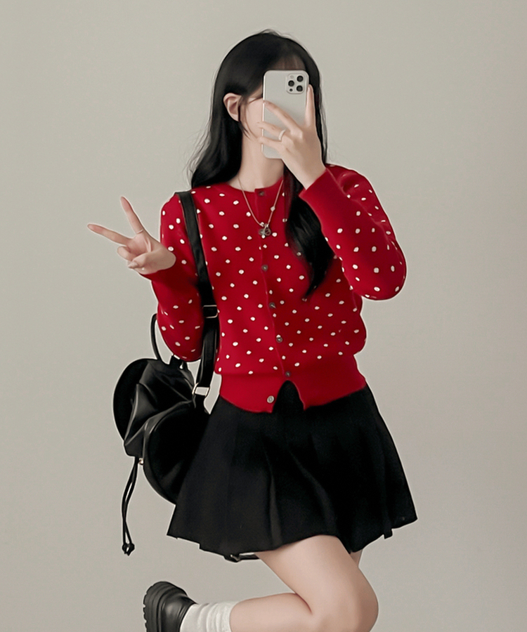 솝라운드 도트 니트 가디건 빨강