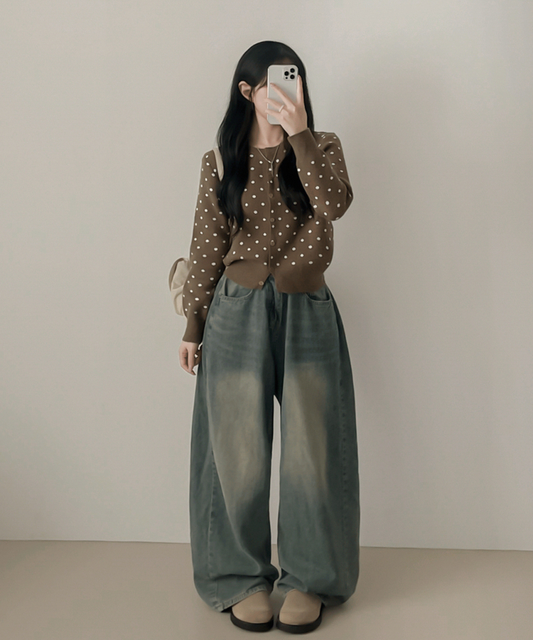 솝라운드 도트 니트 가디건 밤색