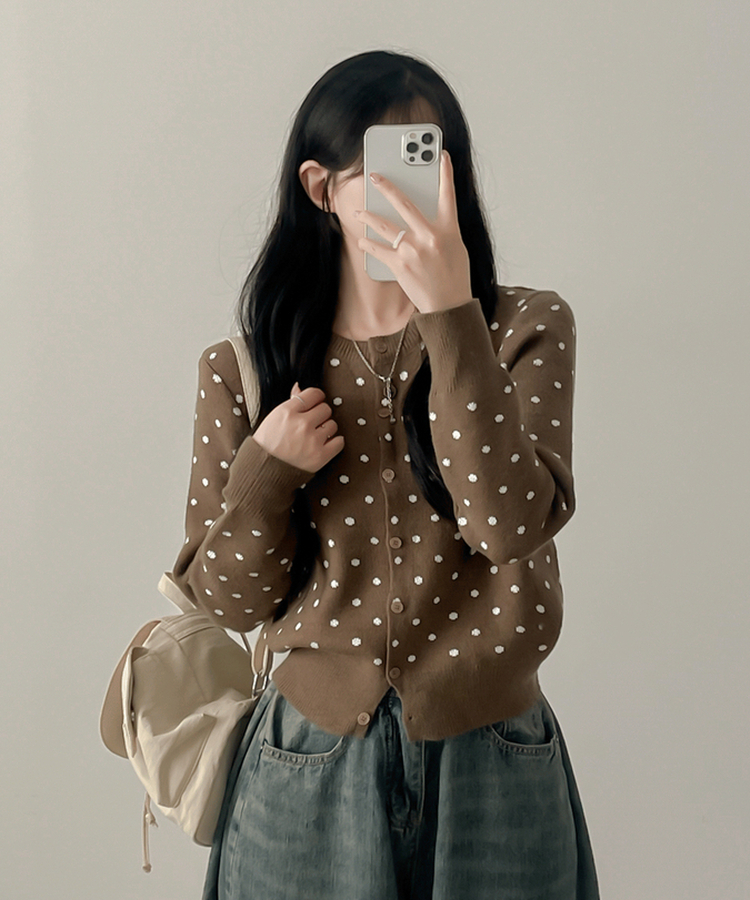 솝라운드 도트 니트 가디건 밤색
