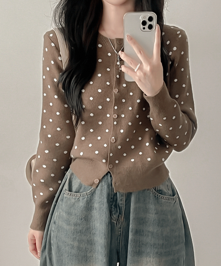 솝라운드 도트 니트 가디건 밤색