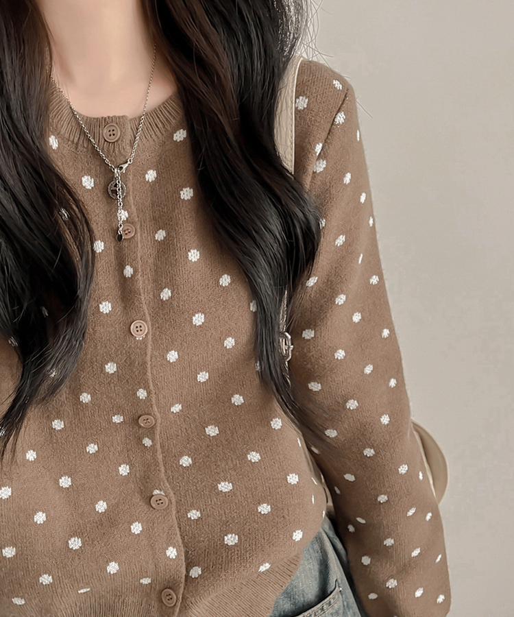 솝라운드 도트 니트 가디건 밤색