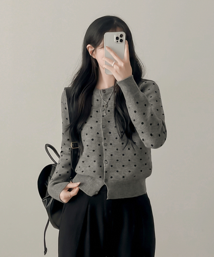 솝라운드 도트 니트 가디건 회색