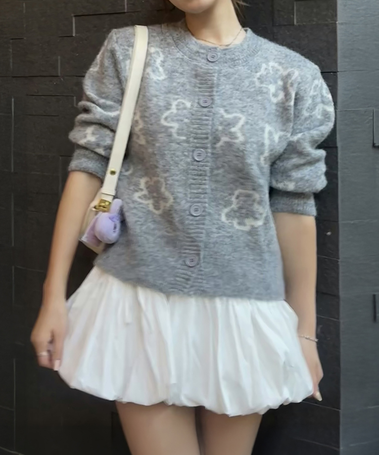 프린 플라워 니트 가디건 그레이