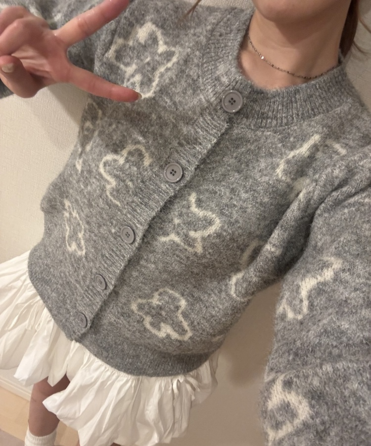 프린 플라워 니트 가디건 그레이