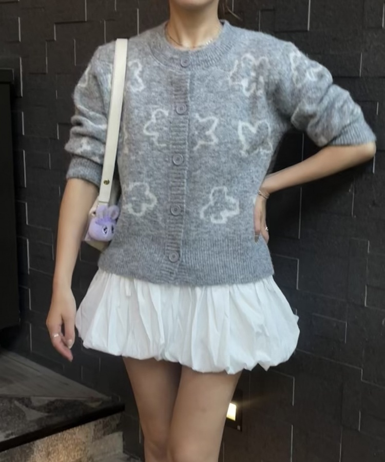 프린 플라워 니트 가디건 그레이