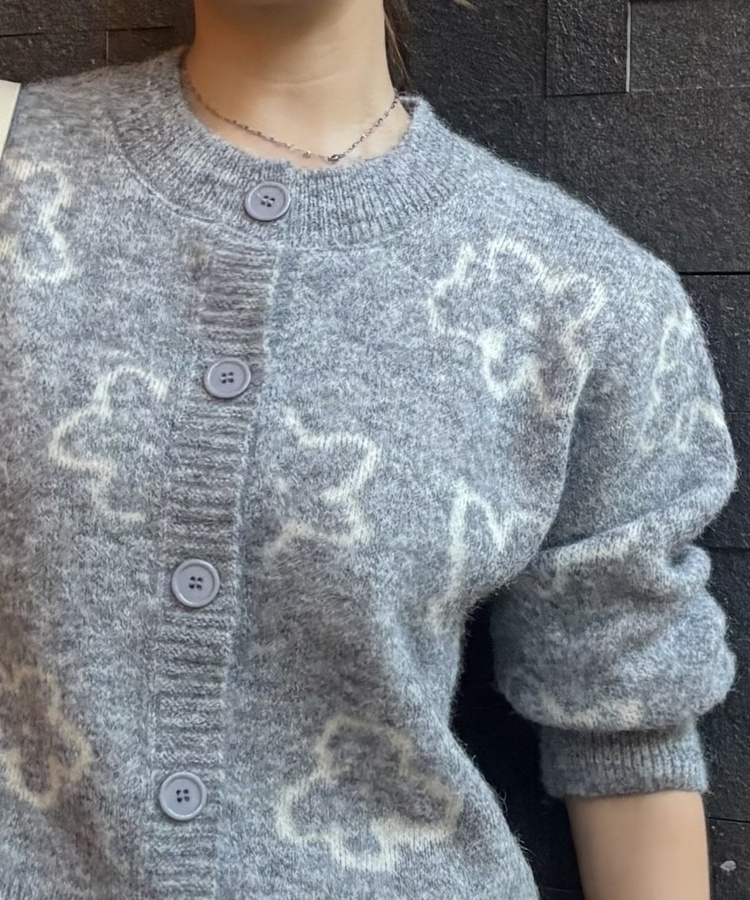 프린 플라워 니트 가디건 그레이