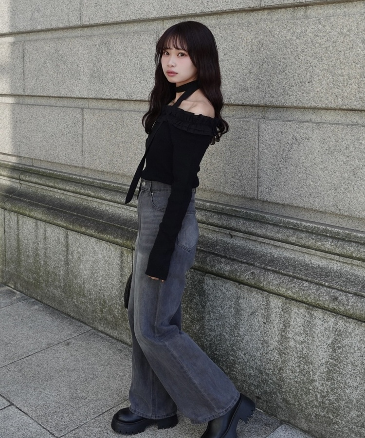 프릴 오프숄더 니트 긴팔티 스카프세트 블랙