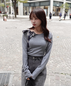 ワンショルダーチェックリボントップス GRAY