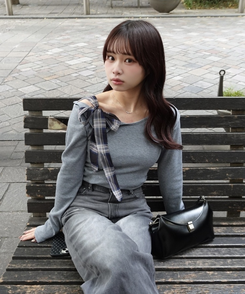 ワンショルダーチェックリボントップス GRAY
