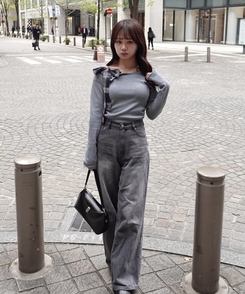 ワンショルダーチェックリボントップス GRAY