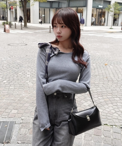 ワンショルダーチェックリボントップス GRAY