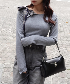 ワンショルダーチェックリボントップス GRAY