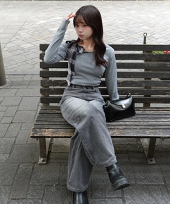 ワンショルダーチェックリボントップス GRAY