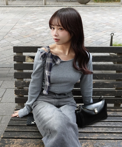 ワンショルダーチェックリボントップス GRAY