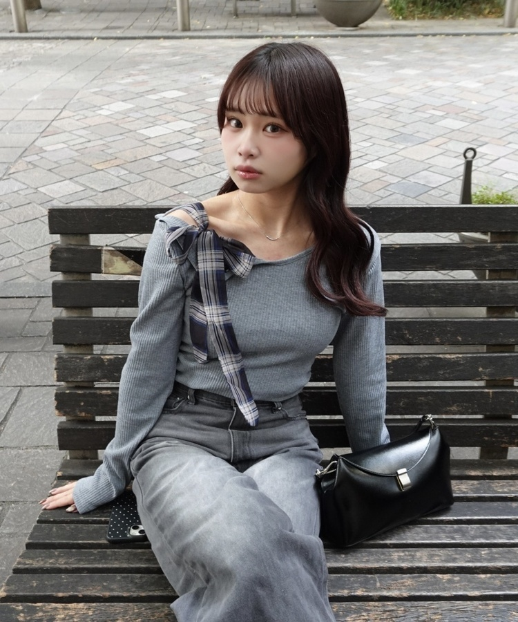 ワンショルダーチェックリボントップス GRAY
