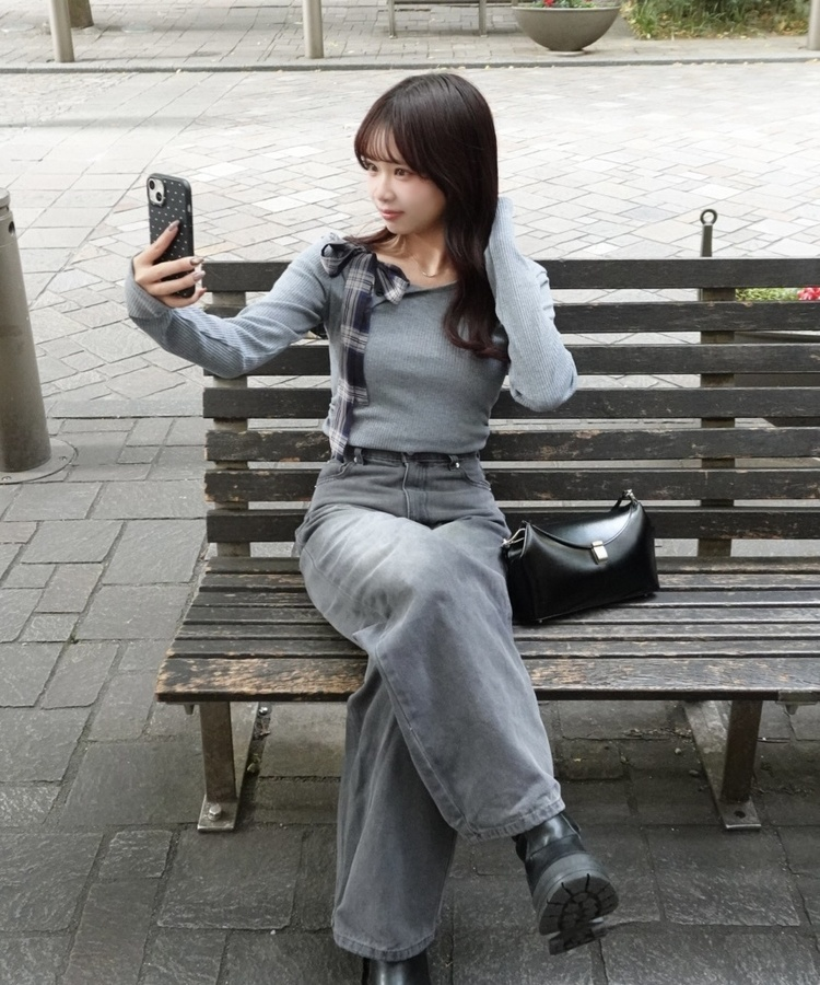 ワンショルダーチェックリボントップス GRAY