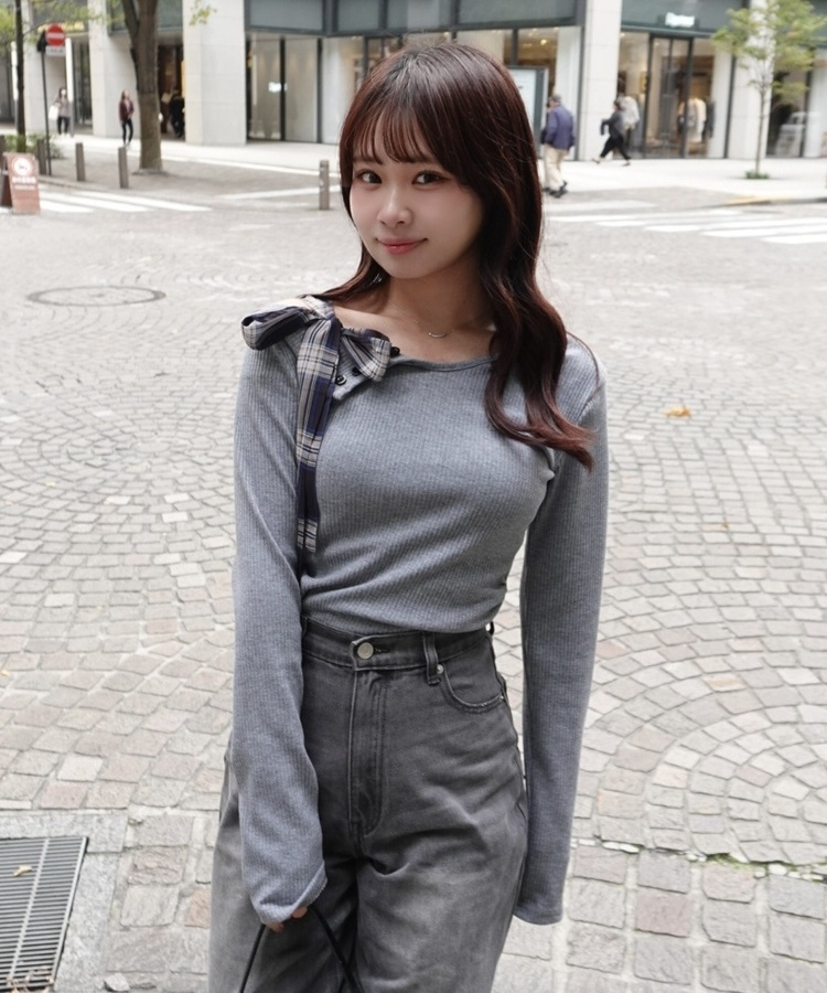 ワンショルダーチェックリボントップス GRAY