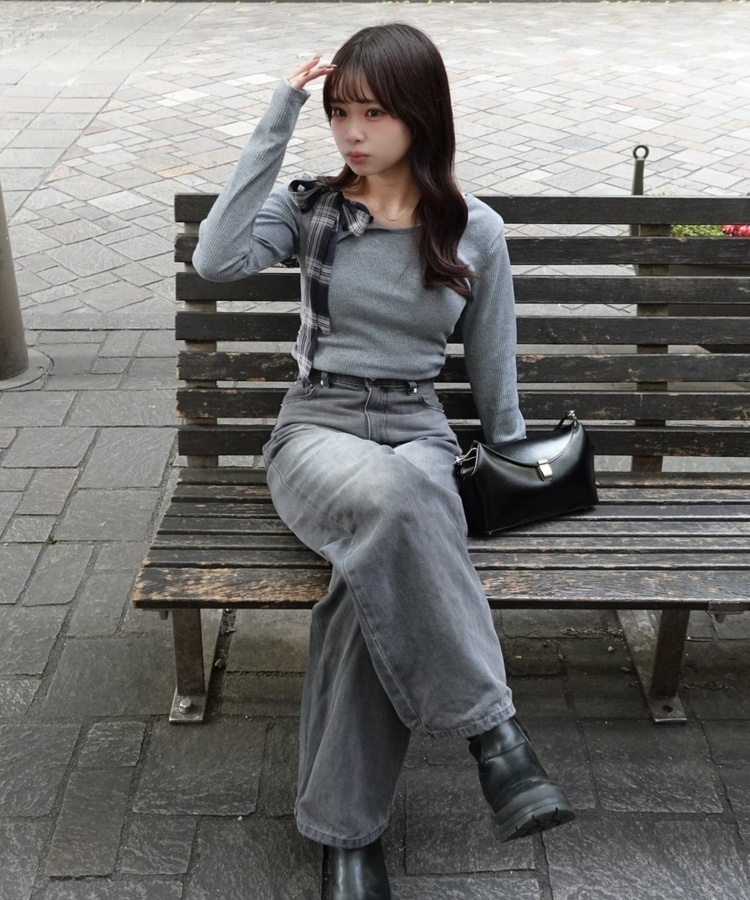 ワンショルダーチェックリボントップス GRAY