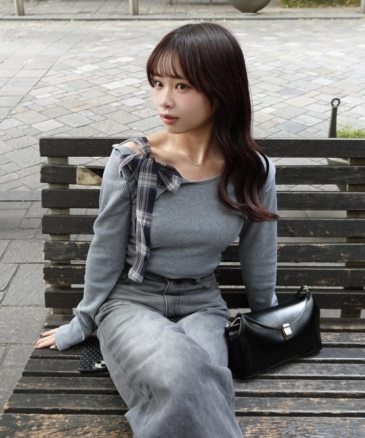 ワンショルダーチェックリボントップス GRAY