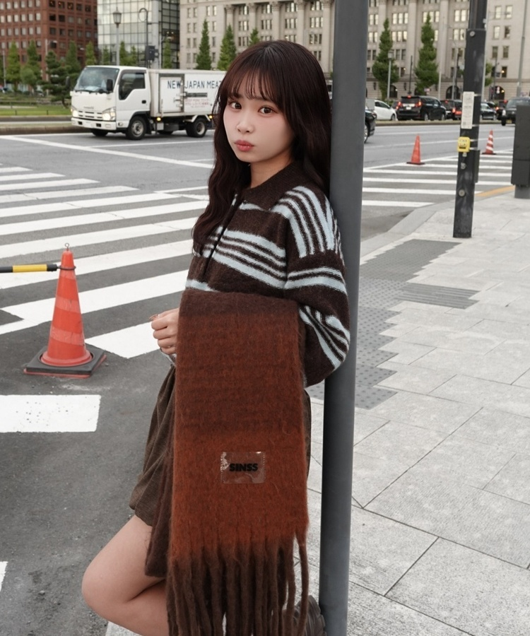 ストライプシャギーニット BROWN