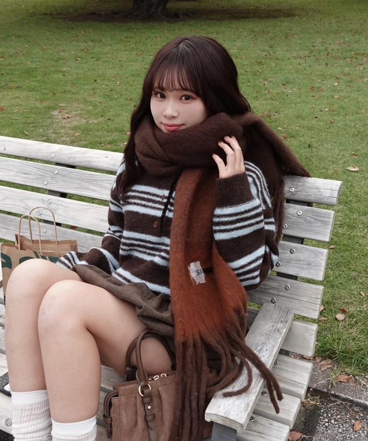 ストライプシャギーニット BROWN