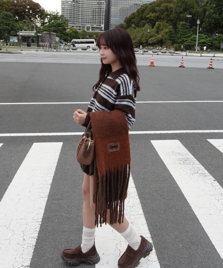 ストライプシャギーニット BROWN