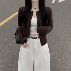 라운드 세미크롭 가을 겨울 니트가디건 빅사이즈 딥브라운