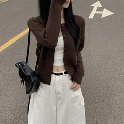 라운드 세미크롭 가을 겨울 니트가디건 빅사이즈 딥브라운