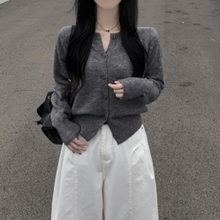 라운드 세미크롭 가을 겨울 니트가디건 빅사이즈 그레이