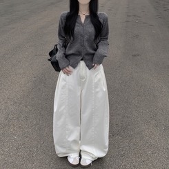 라운드 세미크롭 가을 겨울 니트가디건 빅사이즈 그레이