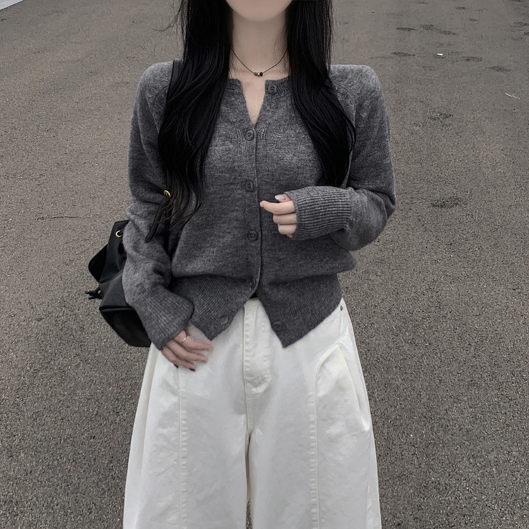 라운드 세미크롭 가을 겨울 니트가디건 빅사이즈 그레이