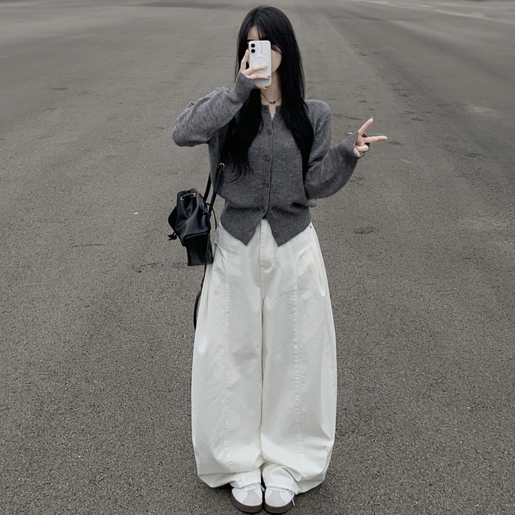 라운드 세미크롭 가을 겨울 니트가디건 빅사이즈 그레이