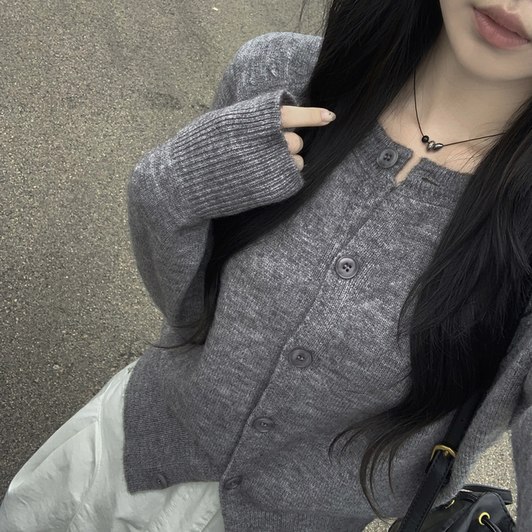 라운드 세미크롭 가을 겨울 니트가디건 빅사이즈 그레이