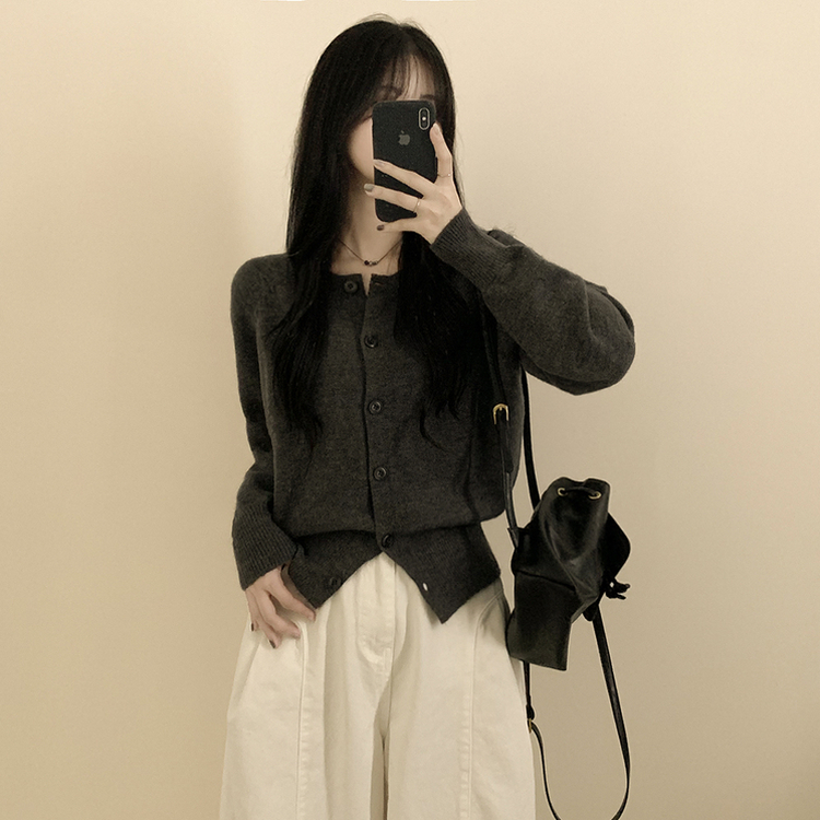 라운드 세미크롭 가을 겨울 니트가디건 빅사이즈 차콜