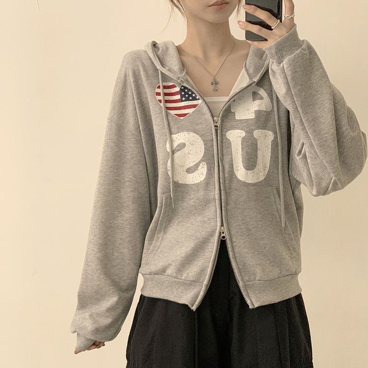 アメリカレタリングフードジップアップ(7color) GREY