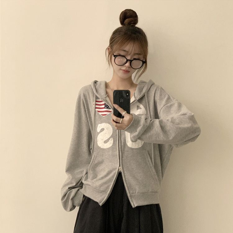 アメリカレタリングフードジップアップ(7color) GREY