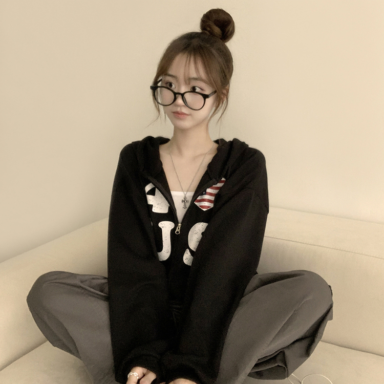 アメリカレタリングフードジップアップ(7color) BLACK