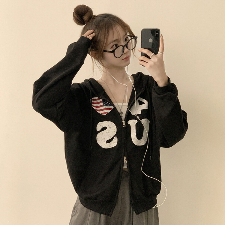 アメリカレタリングフードジップアップ(7color) BLACK
