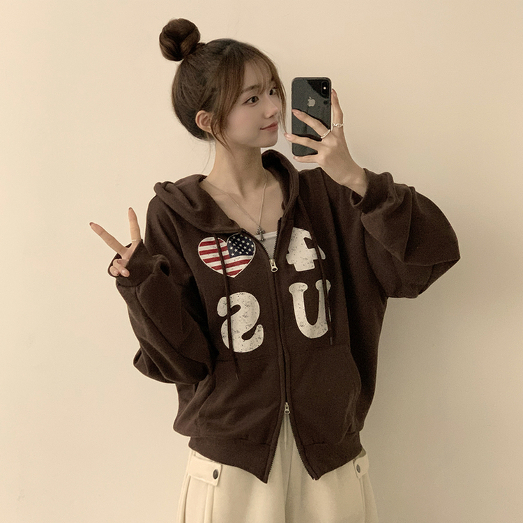 アメリカレタリングフードジップアップ(7color) BROWN