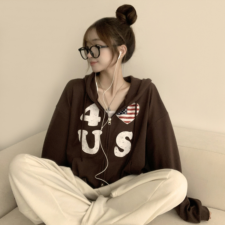 アメリカレタリングフードジップアップ(7color) BROWN