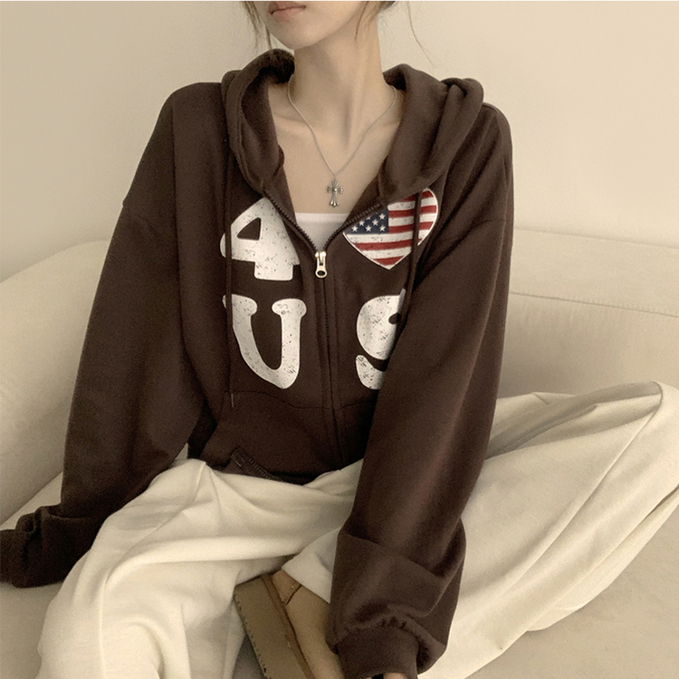 アメリカレタリングフードジップアップ(7color) BROWN